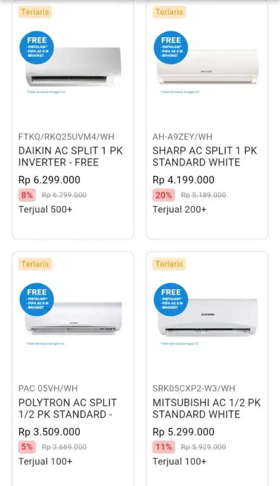 CICILAN AC ALL BRAND STANDAR DAN INVERTER