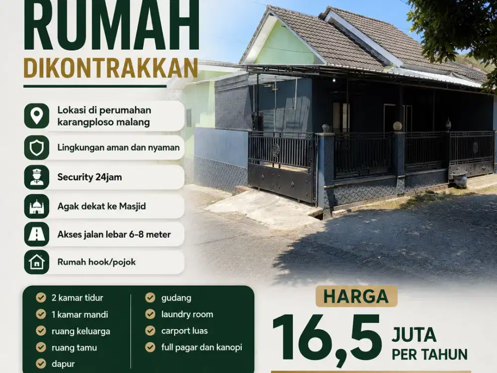 Rumah Dikontrakkan di Perumahan Nyaman Lokasi Karangploso Malang
