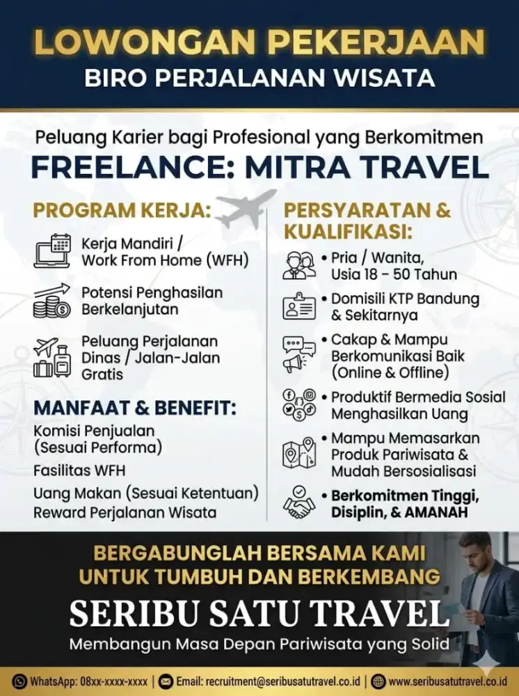 Dicari mitra agen wisata, usia 18-50 tahun. Gemar perjalanan