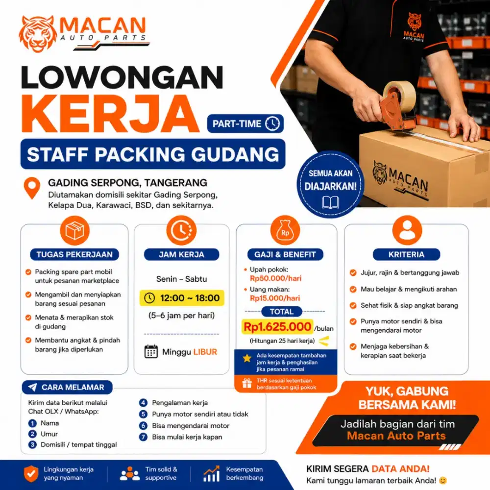 LOWONGAN KERJA – STAFF PACKING GUDANG (PART-TIME)