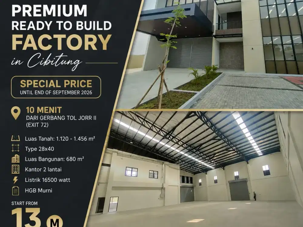 Premium Ready to Build Factory in Cibitung.   Special Price until end of September 2026