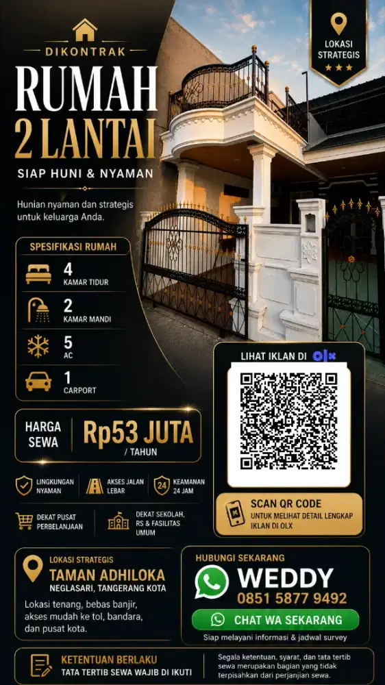Dikontrak rumah 1carport, 2 lt , 4kt, 2 tolilet, 5 ac. sewa pertahun