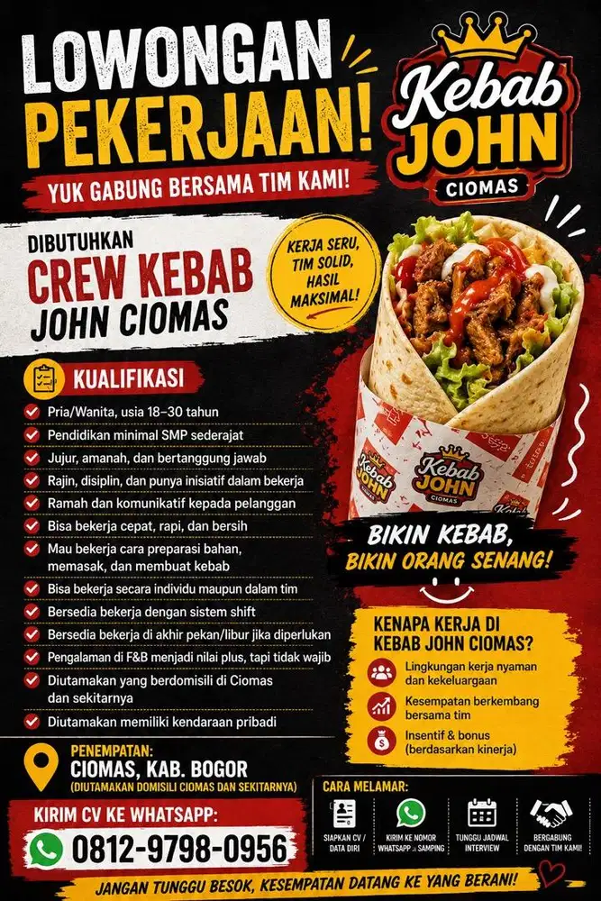 Dibutuhkan Crew kebab john ciomas