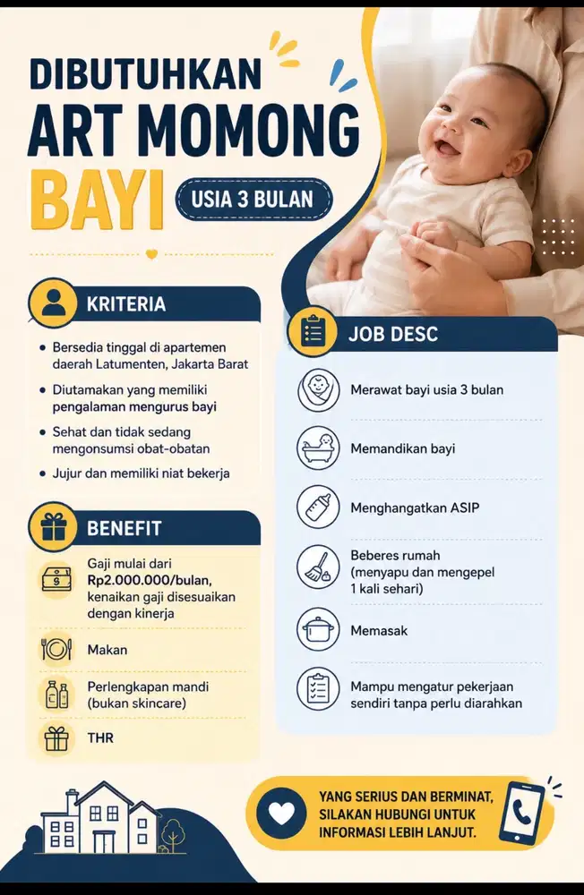 DIBUTUHKAN ART MOMONG BAYI USIA 3 BULAN
