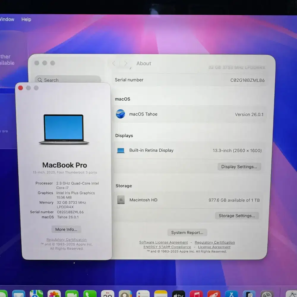 Macbook Pro 2020 Intel 32 Ssd 1 Tb Layar 13 inch Core I7 Full set Grey