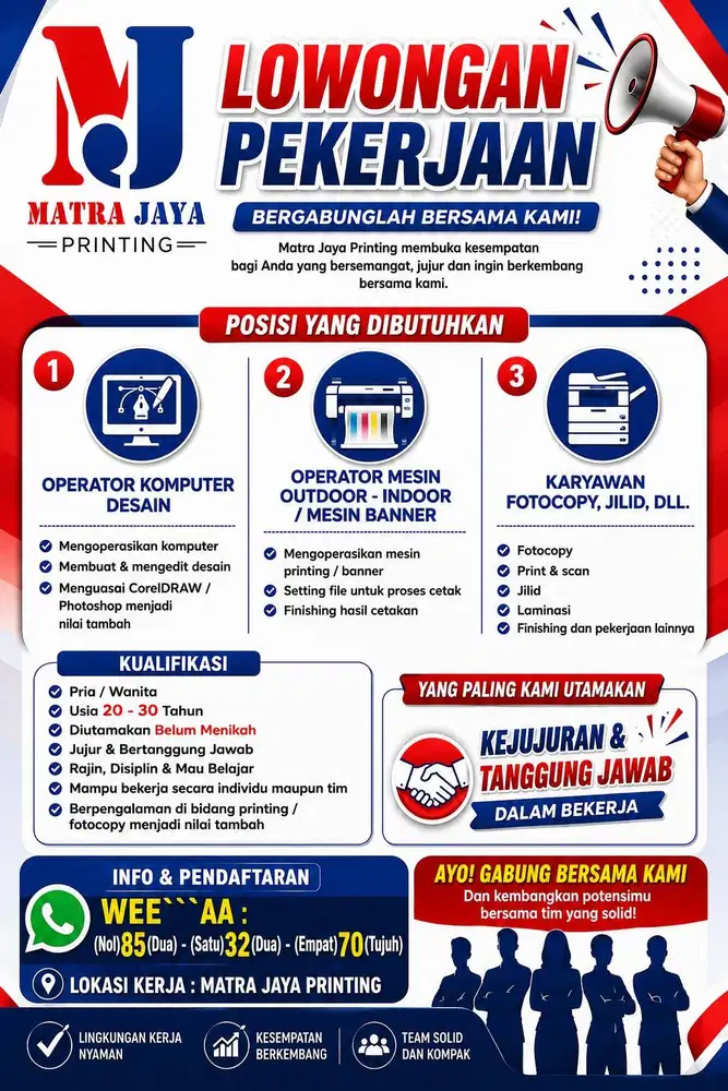 LOWONGAN PEKERJAAN  KARYAWAN / KARYAWATI ATAU OPERATOR PRINTING