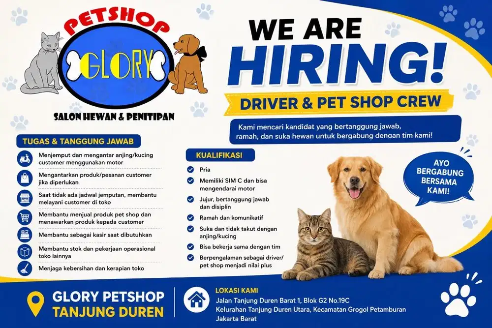 LOWONGAN KERJA – DRIVER & PET SHOP CREW