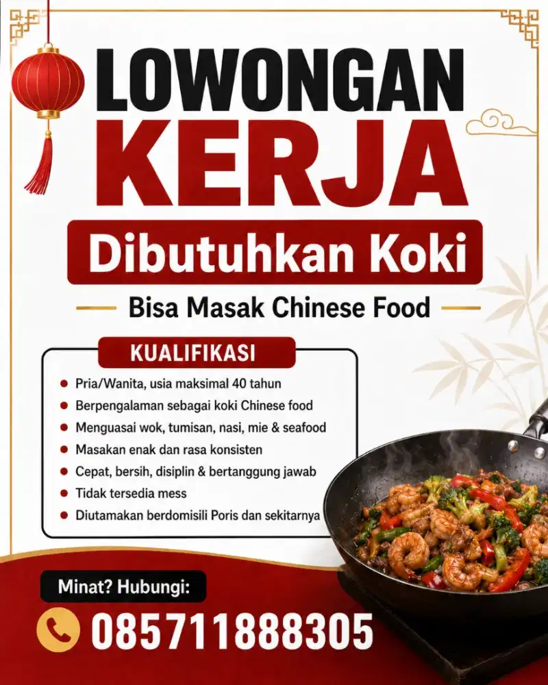 LOWONGAN KOKI CHINESE FOOD – PORIS TANGERANG