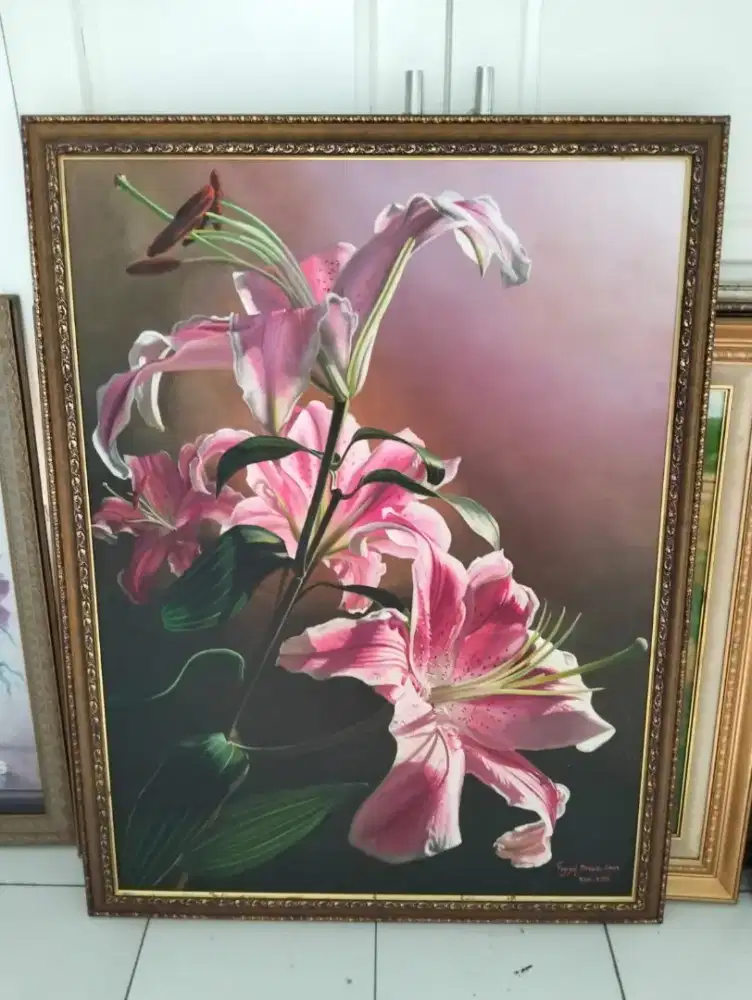 Lukisan Lukis Dinding Buket Mawar Pink Bingkai Minimalis Silver