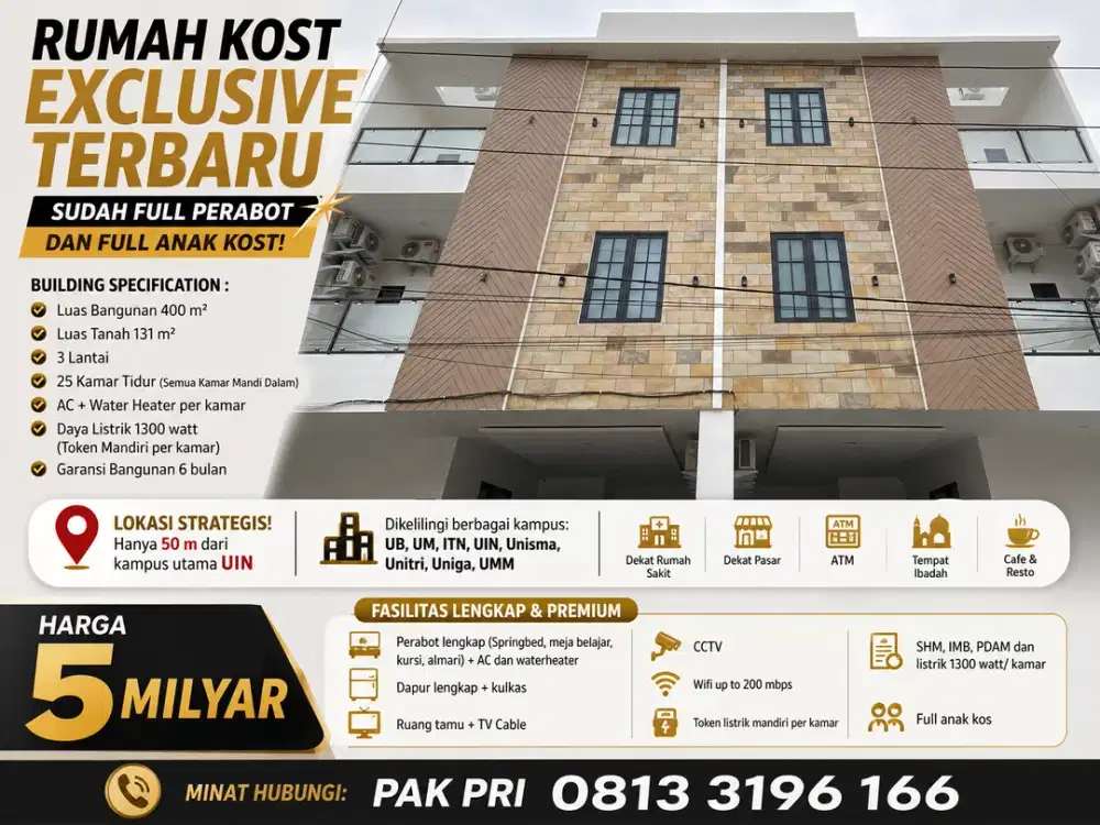Rumah Kost Exclusive Full Penghuni Depan Kampus UIN Malang - Langsung Cuan 5 M