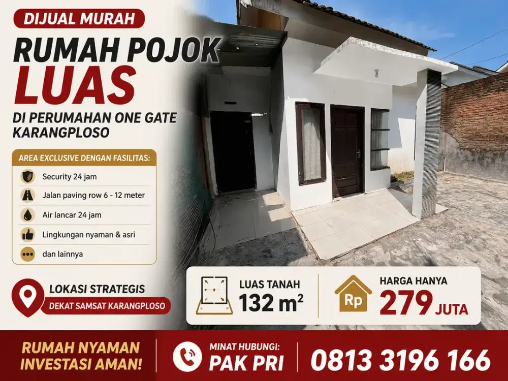 Rumah Hook Murah Luas 132 m2 Perumahan Karangploso - Cuma 279 Juta