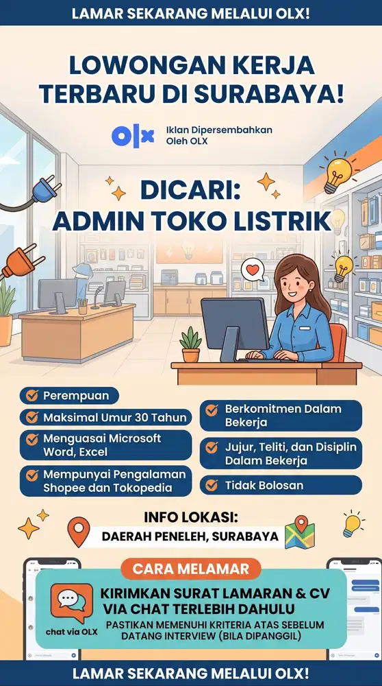 Dicari 1 Admin untuk toko Listrik Surabaya di daerah peneleh
