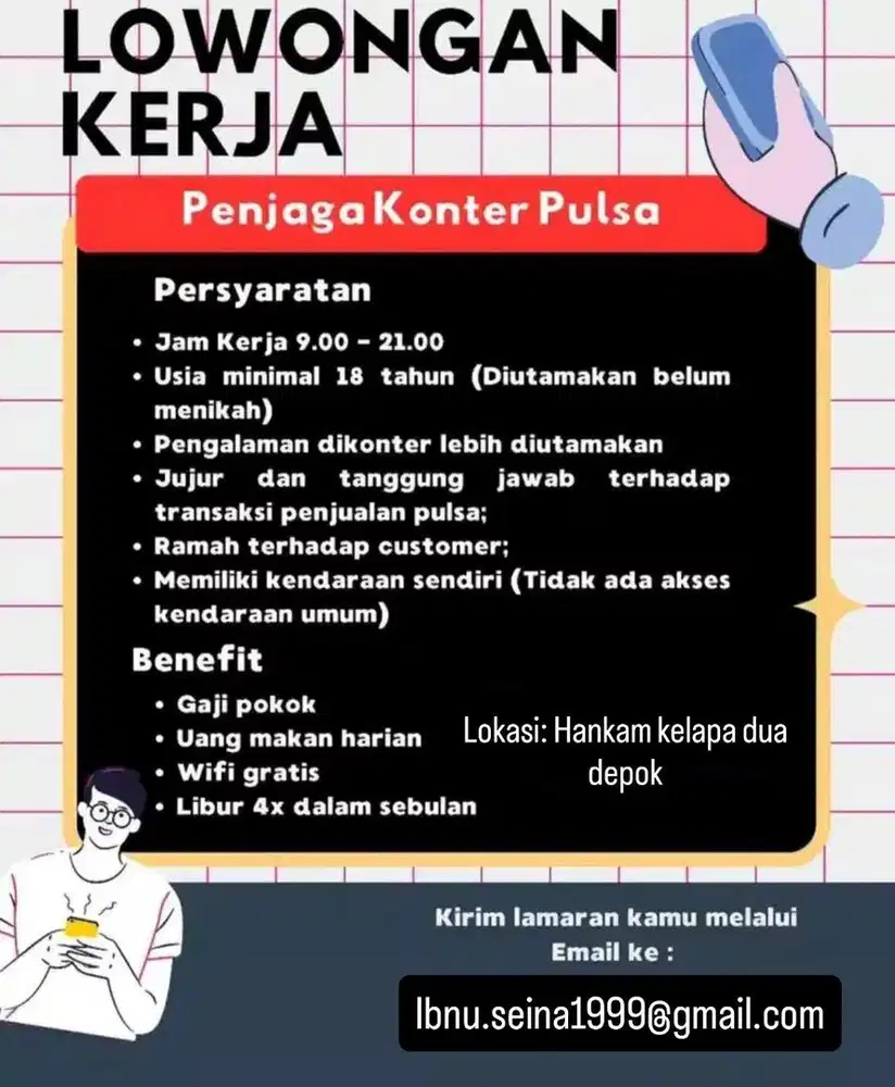Lowongan kerja konter pulsa (tidak ada jual beli handphone dan servis)