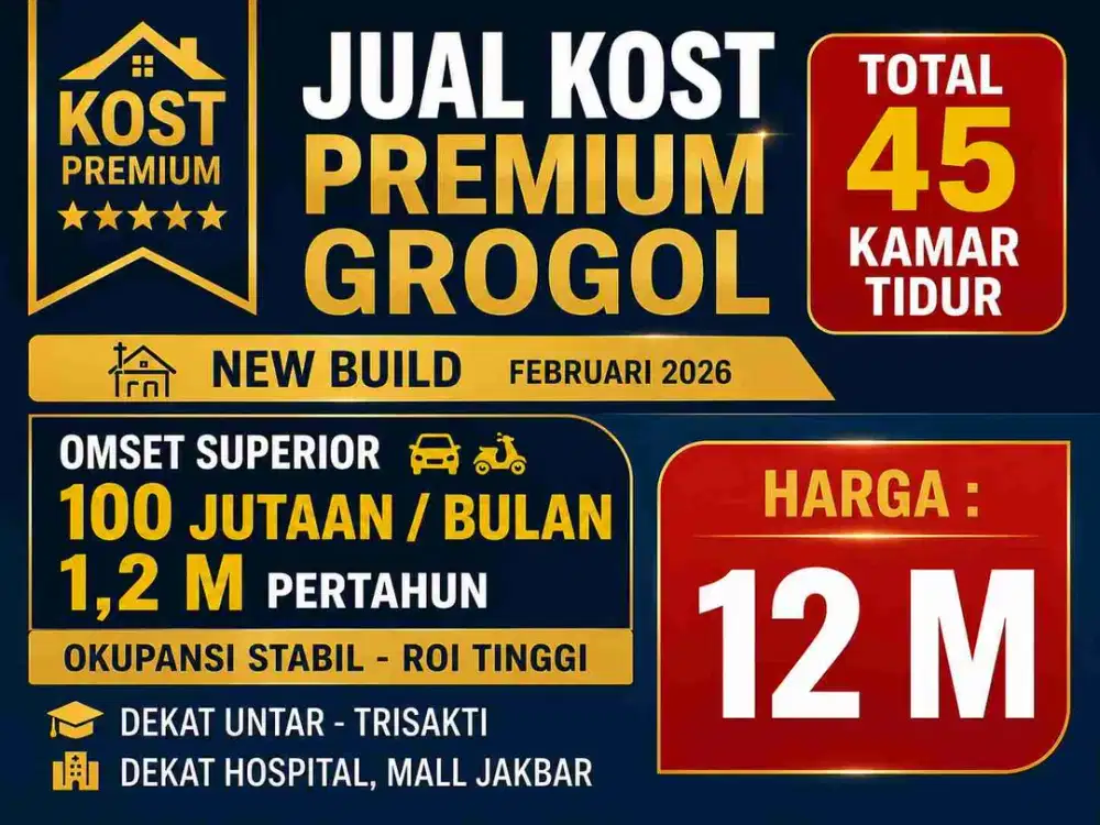 JUAL KOST KOSAN PREMIUM NEW BUILD GROGOL JAKARTA BARAT