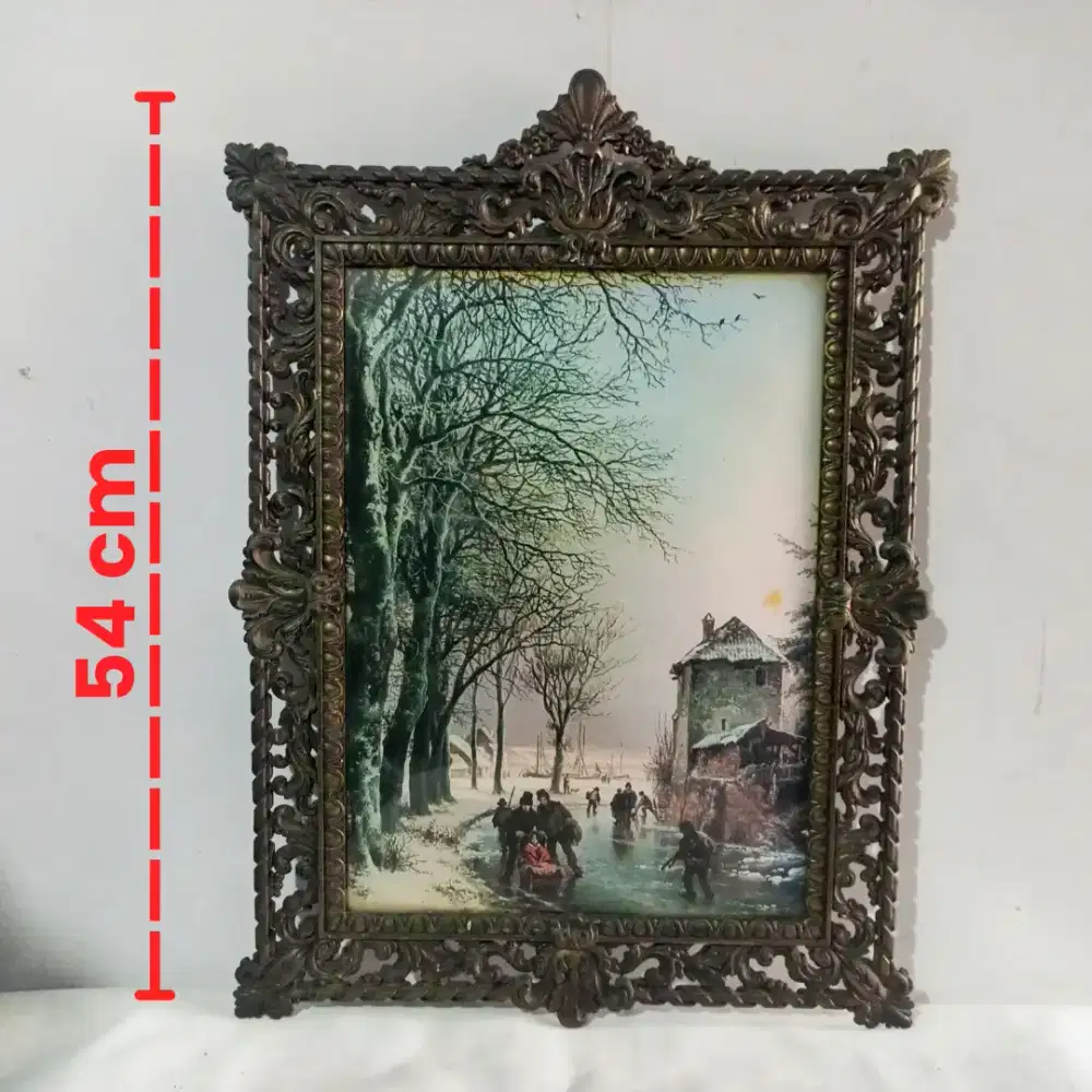 Lukisan Kaca Cembung Italia Bingkai Logam Vintage • Classic European