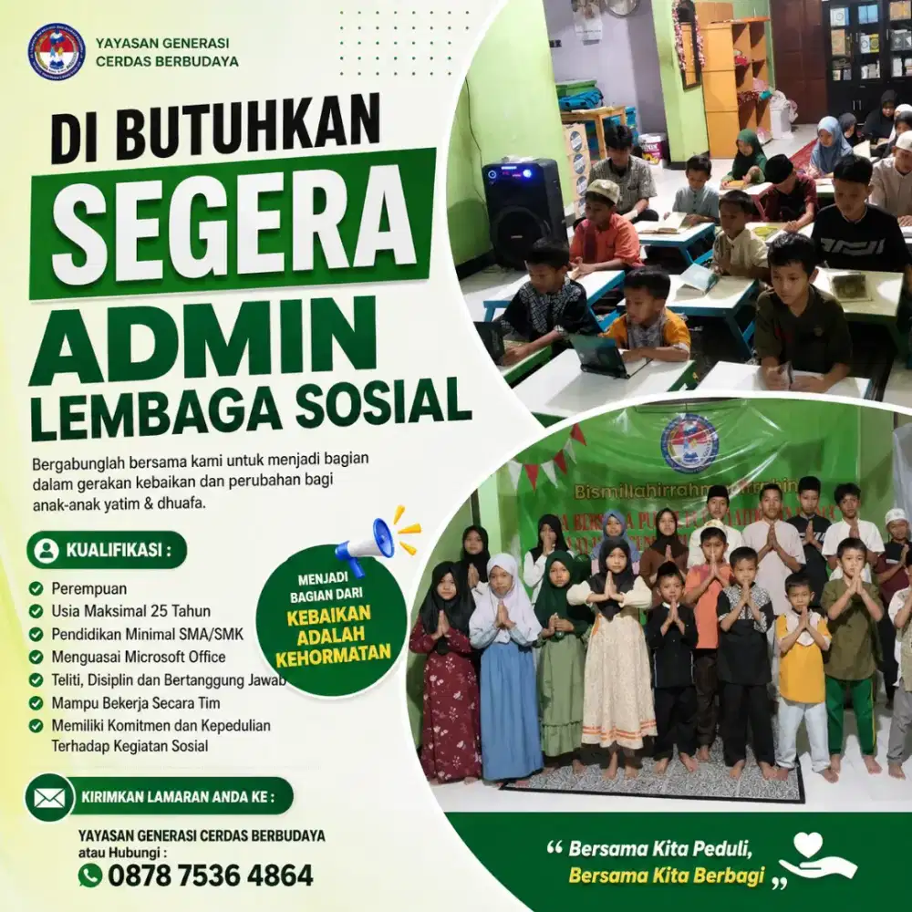 DI BUTUHKAN KARYAWAN LEMBAGA SOSIAL TANPA TEST LANGSUNG INTERVIEW