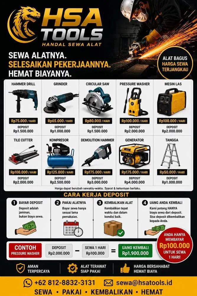 sewa alat murah - bor, grinder, pressure washer & generator | HSA tool