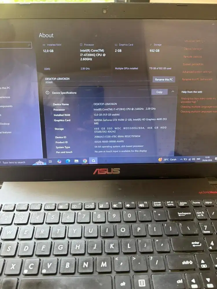 ASUS X550JX i7-4720HQ RAM 12GB GTX 950M SSD 500GB + HDD 500GB