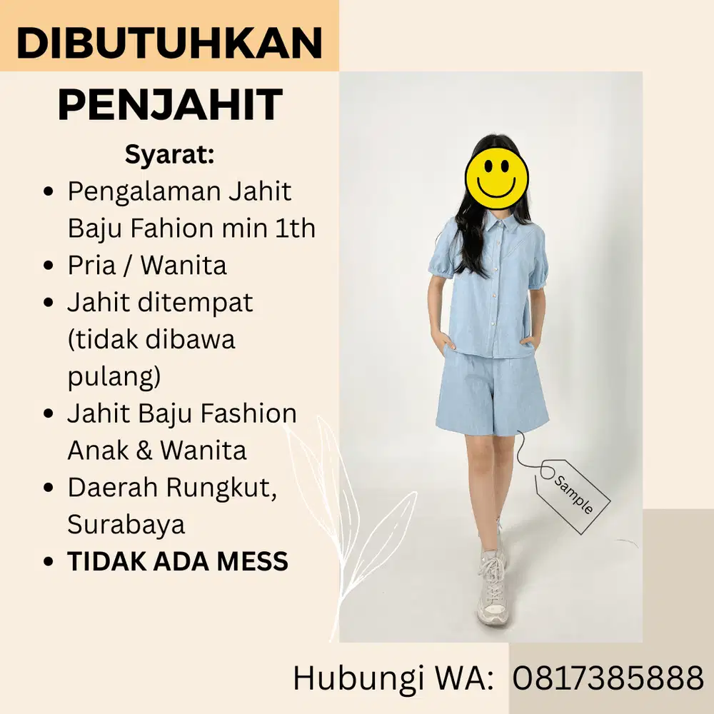 DUBUTUHKAN SEGERA PENJAHIT HALUS
