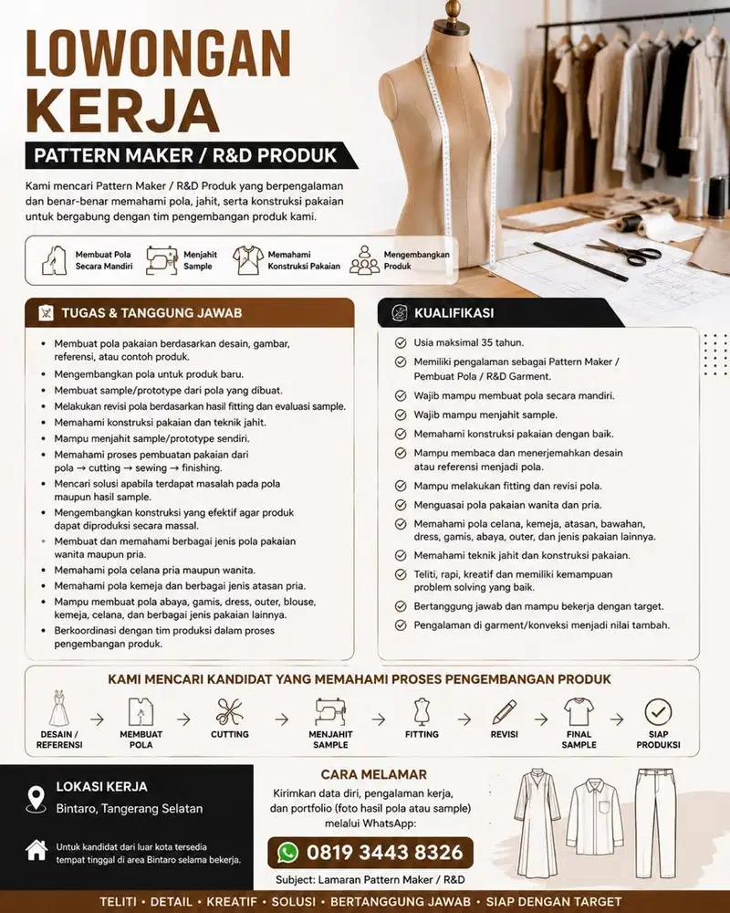 Buka lowongan kerja pattern maker/buat pola baju