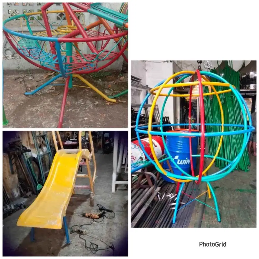 Perosotan, ayunan, bola dunia, mangkok putar, kuda kudaan