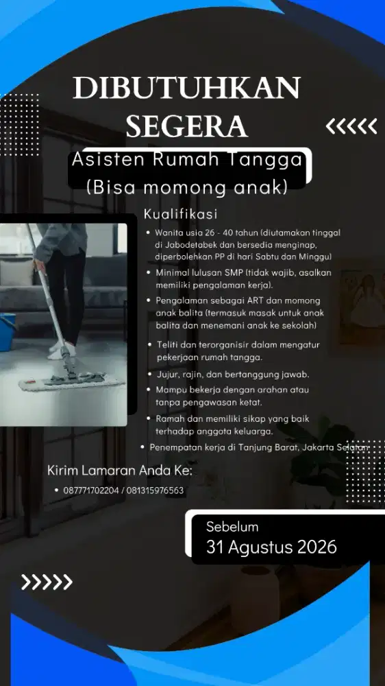 Lowongan Asisten Rumah Tangga (Bisa momong anak)