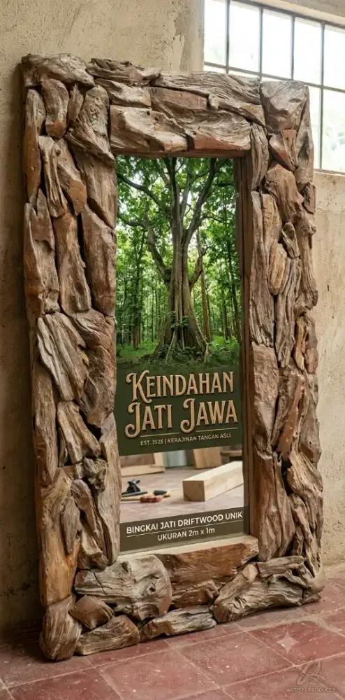 Cermin kaca, kayu akar jati