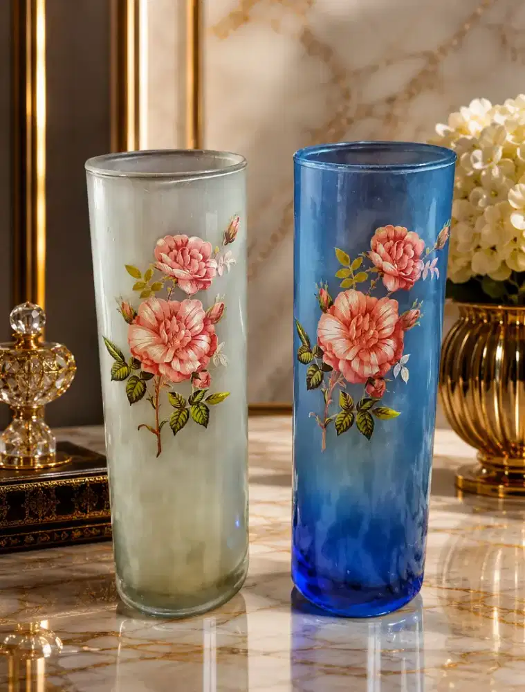 2 Vas Vintage Kaca Motif Bunga