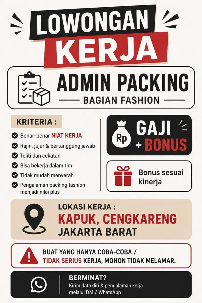 Butuhkan Admin Packing Wanita