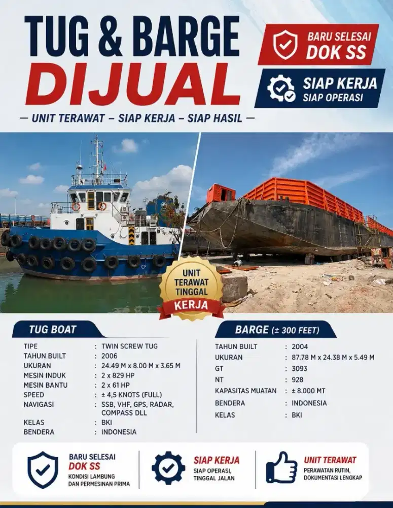 Di jual Tugboat & tongkang 300 feet tahun 2006 - 2004