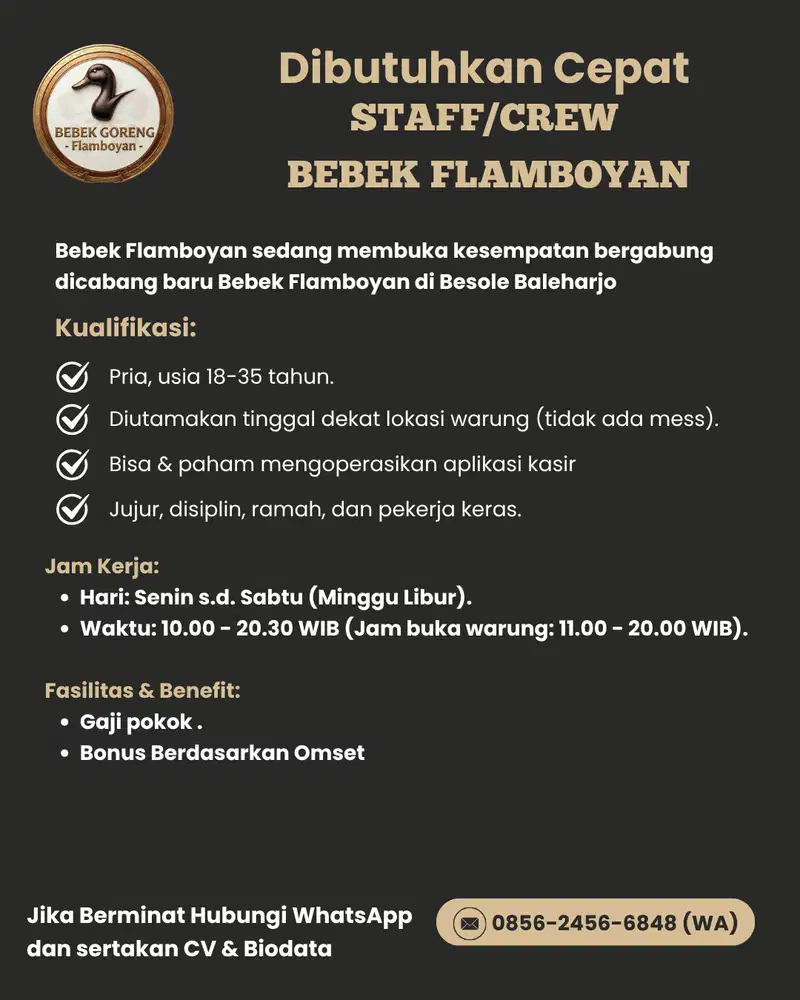 DIBUTUHKAN STAFF/CREW BEBEK FLAMBOYAN