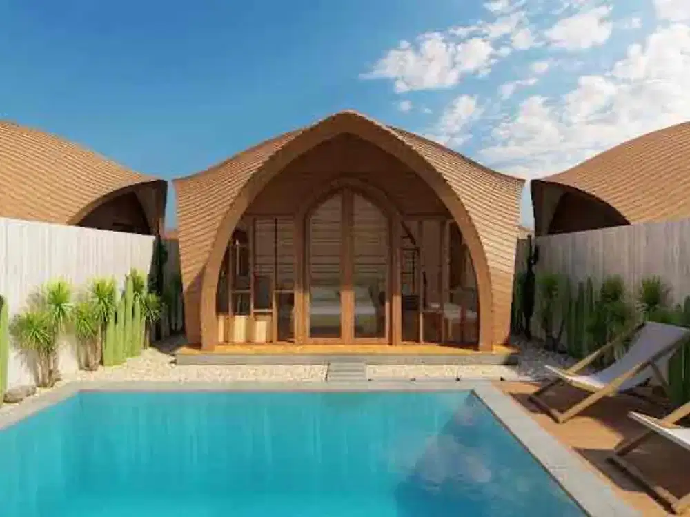 Dijual glamping fully furnished interior view bukit dan laut di daerah Nusa Penida, Bali.
