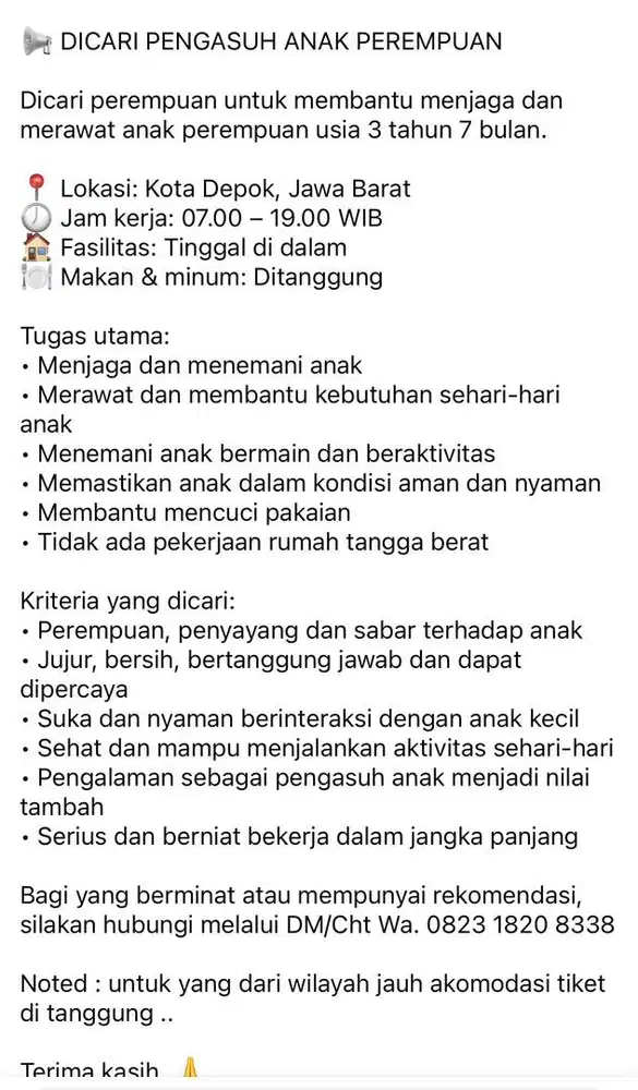 Dicari Pengasuh anak perempuan