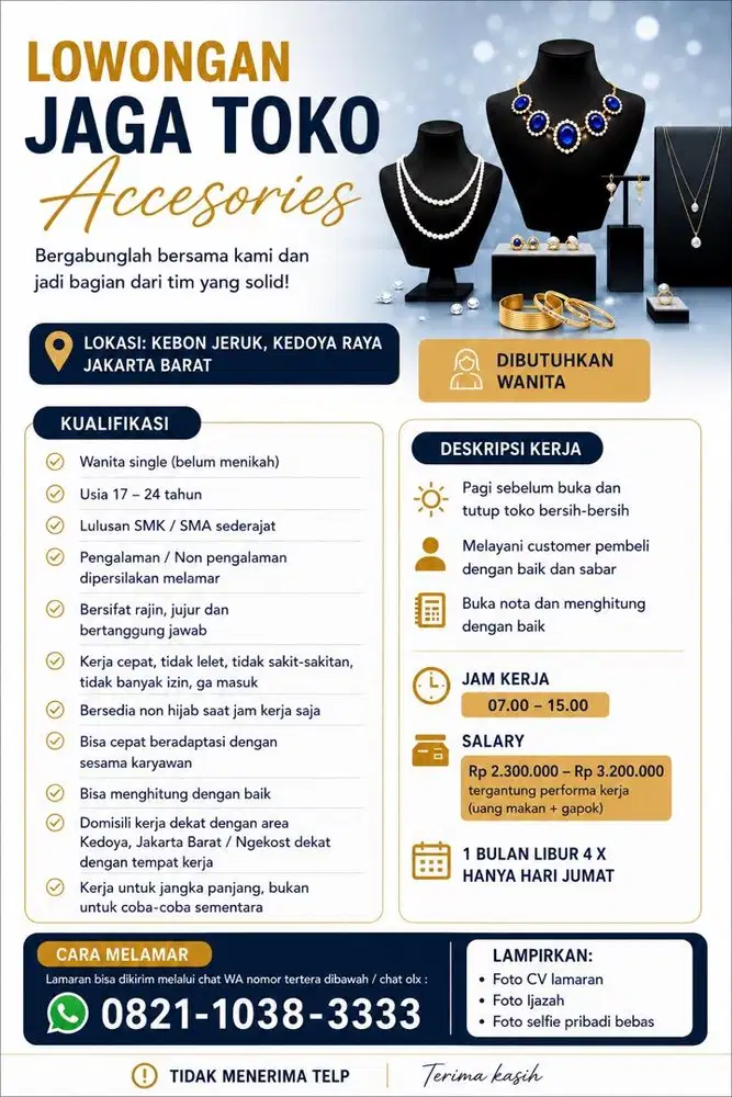 Lowongan wanita jaga toko accesoris kedoya