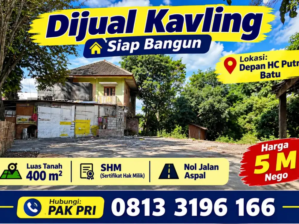 Dijual Kavling Siap Bangun 400 m2 SHM Nol Jalan Aspal Depan HC Putra kota Batu