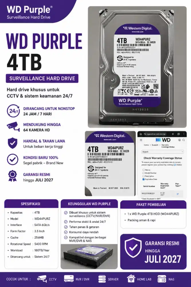 JUAL HDD WD Purple 4TB Surveillance HDD – WD44PURZ