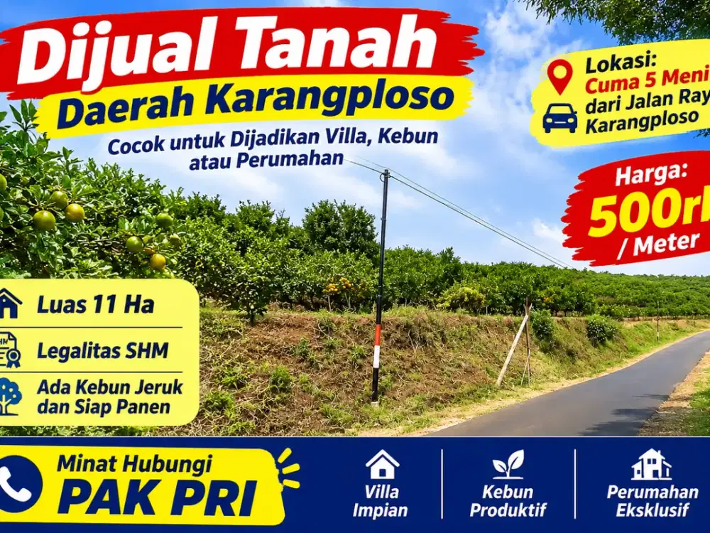 Dijual Tanah 11 Ha SHM Karangploso 5 Menit Jalan Raya Ada Kebun Jeruk Siap Panen