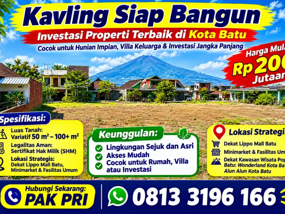 Dijual Tanah Kavling SHM Kota Batu Rp 200 Jutaan Dekat Lippo Mall & Alun Alun