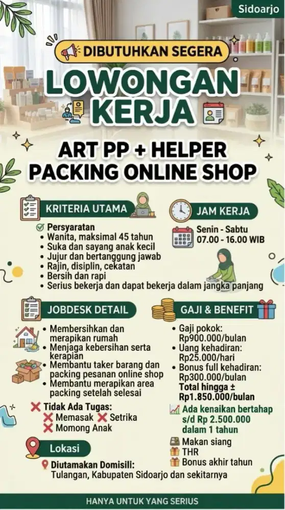 Lowongan ART + helper packing tulangan sidoarjo