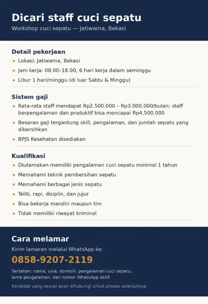 DICARI STAFF CUCI SEPATU – JATIWARNA, BEKASI