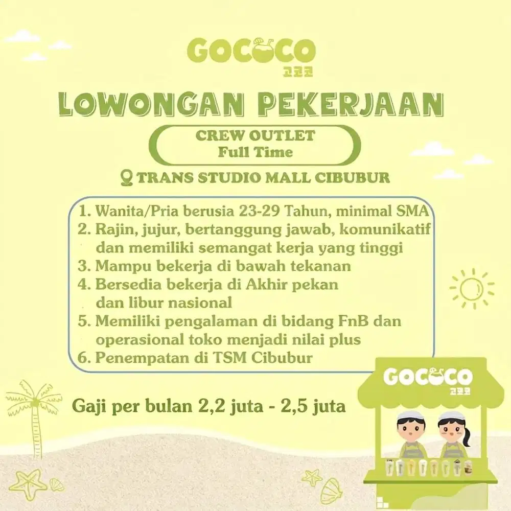 LOWONGAN PEKERJAAN FULL TIME CREW OUTLET PENJAGA TOKO FNB TSM CIBUBUR