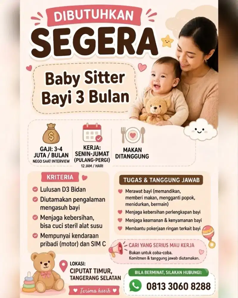 Butuh Segera Baby Sitter Mengurus Bayi 3 Bulan (diutamakan bidan)