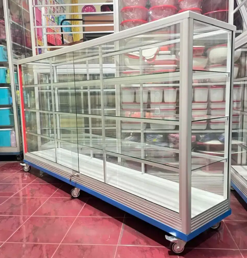 Etalase Pakai Roda Panjang 2M Kaca Full 5MM