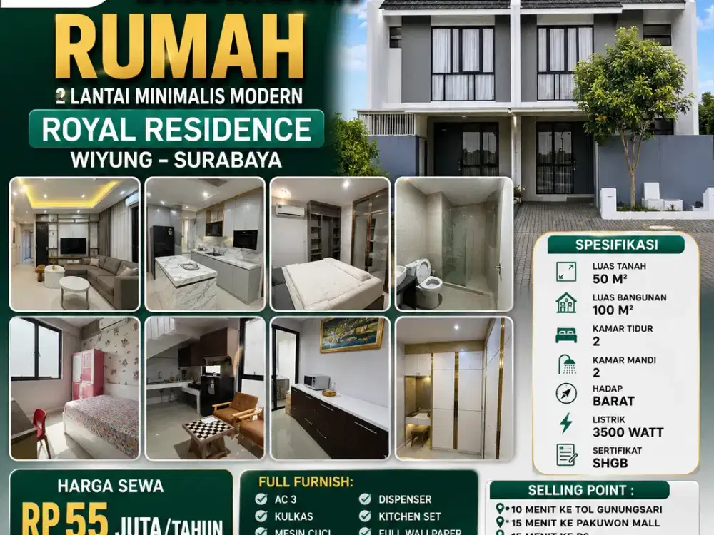 FULL FURNISHED!! DISEWAKAN RUMAH 2 LANTAI MINIMALIS MODERN DI PERUMAHAN ROYAL RESIDENCE – WIYUNG SURABAYA