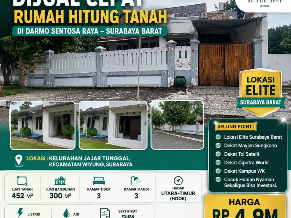 HOOK – LUAS 452 M2!! DIJUAL CEPAT RUMAH HITUNG TANAH DI DARMO SENTOSA RAYA – SURABAYA BARAT