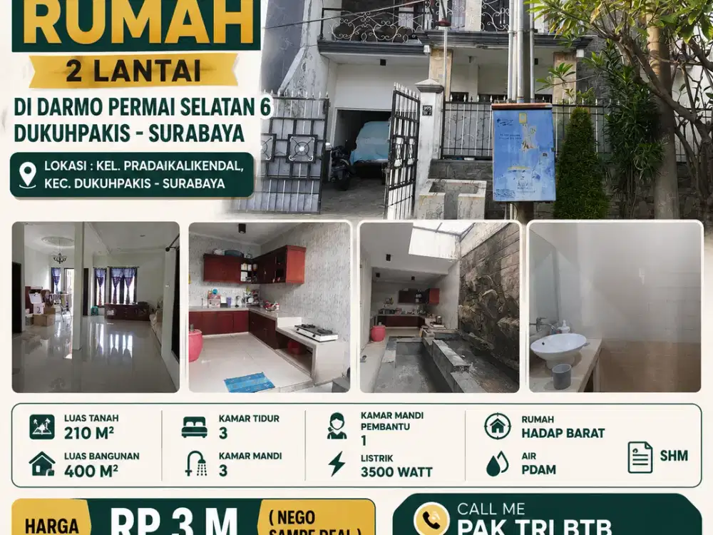2 LANTAI – LUAS 210 M2!! DIJUAL RUMAH DI DARMO PERMAI SELATAN 6 DUKUHPAKIS SURABAYA