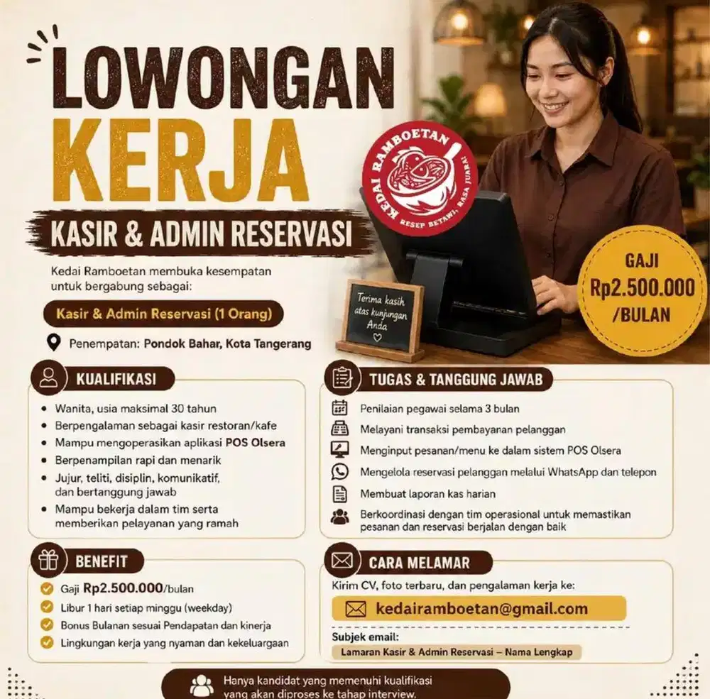 LOWONGAN KERJA - KASIR & ADMIN RESERVASI BERPENGALAMAN