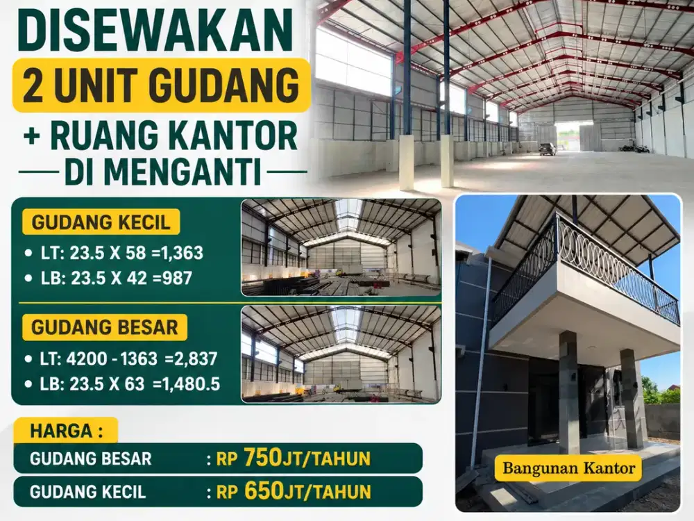 DISEWAKAN 2 UNIT GUDANG + RUANG KANTOR DI MENGANTI