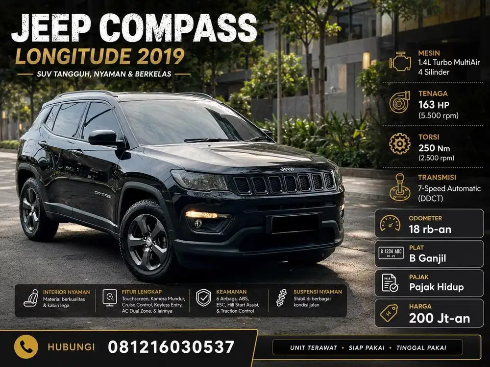 Jeep Compass 1.4 Longitude 2019 Antik Low KM Murah Bekas Turbo Hitam