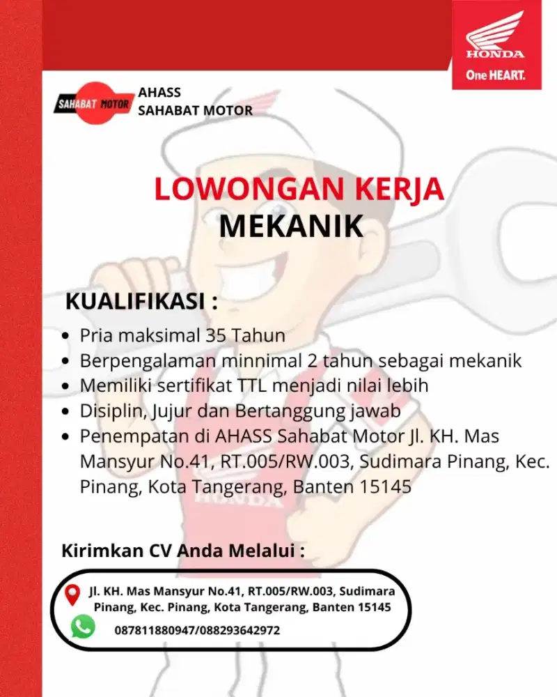 Loker Mekanik AHASS Sahabat Motor